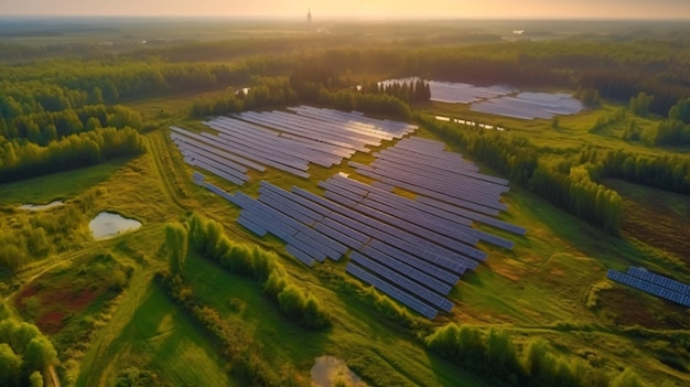 A photo of a solar farm with a forest in the background