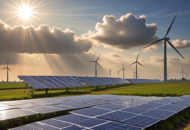 a photo of a solar farm with the sun shining through the clouds