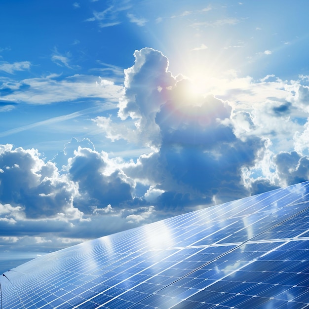 a photo of a solar panel with the sun shining through the clouds