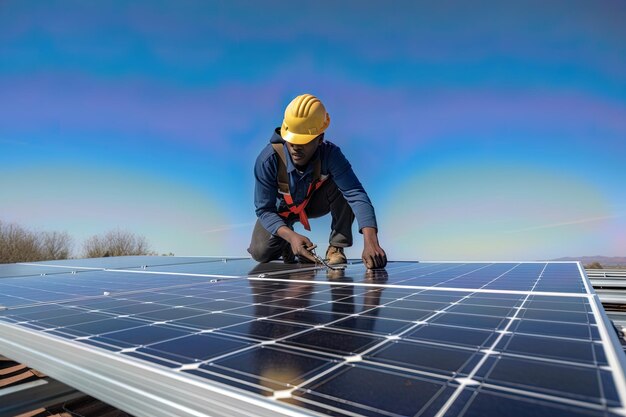 Photo of a solar panel worker installing a solar panel