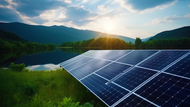 Photo of solar panels against the backdrop of green hills and bright sun