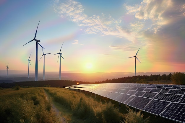 Photo of solar panels or wind turbine farm at sunset