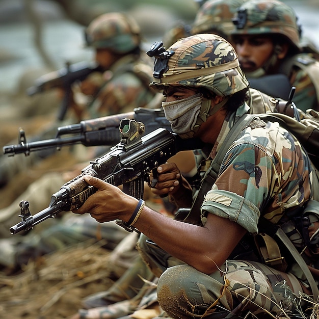 Photo photo of a soldier with a mask on his face is holding a gun