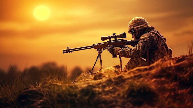 Photo of a soldier with sniper rifle from a rifle with an optical sight On the Sunset shooting and hunting concept