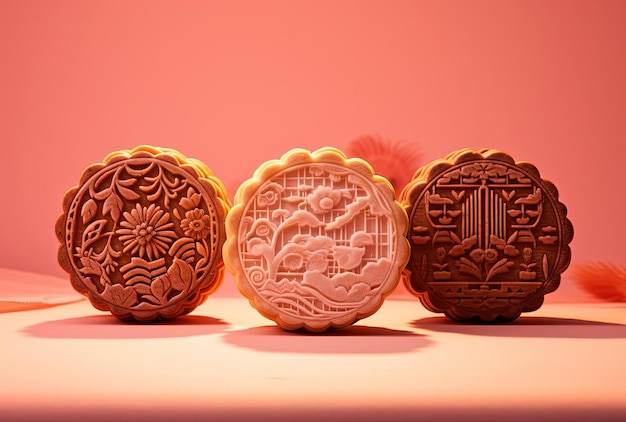 a photo of some mooncakes on pink background