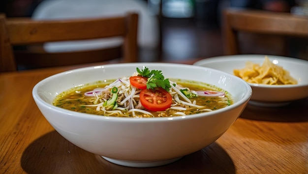 Photo a photo of soto served in a ceramic bowl on a wooden table in a local eatery during lunchtime