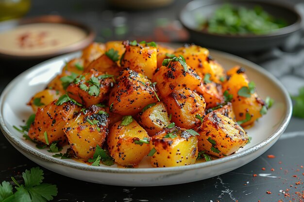 Photo photo of a south indian dish with golden potatoes on a white plate