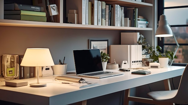 A photo of a spacious home office with a clean and organized desk