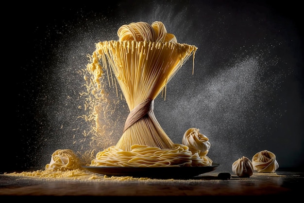 A photo of spaghetti being poured into a bowl with a sprinkle of flour on the side.