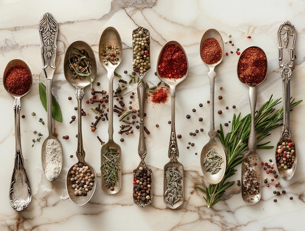 Photo of spice spoons with various spices and herbs