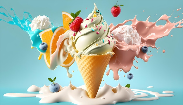 Photo a splash of milk with a scoop of vanilla ice cream and a strawberry generative ai