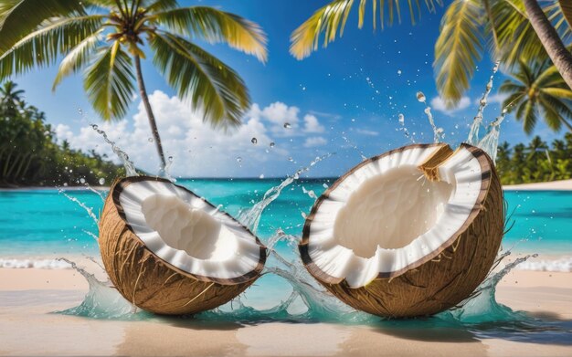 Photo split coconuts falling with water splash on tropical background