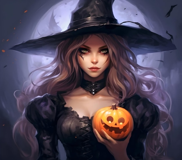 Photo Spooky 3D Witch Girl illustration for Halloween day with evil face pumpkin generative