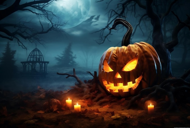 Photo Spooky halloween evil face pumpkin for halloween day concept