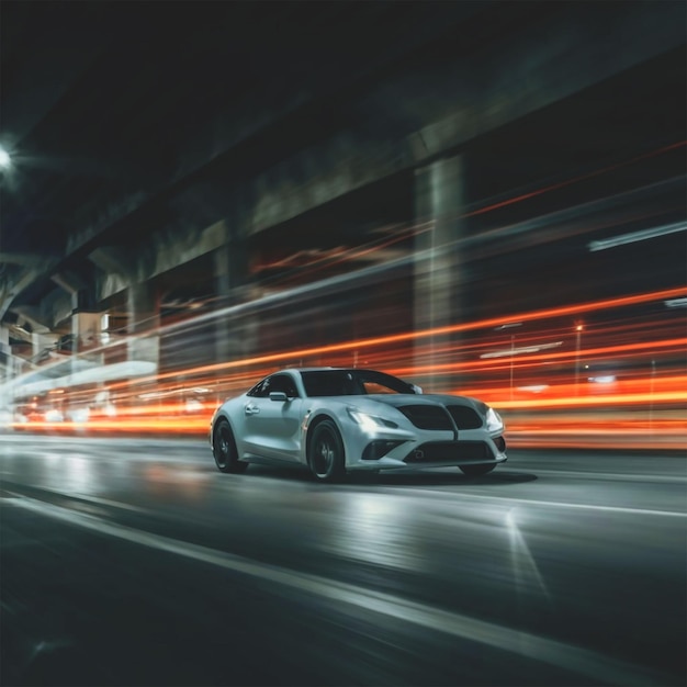 photo sports car races through dark blurred motion