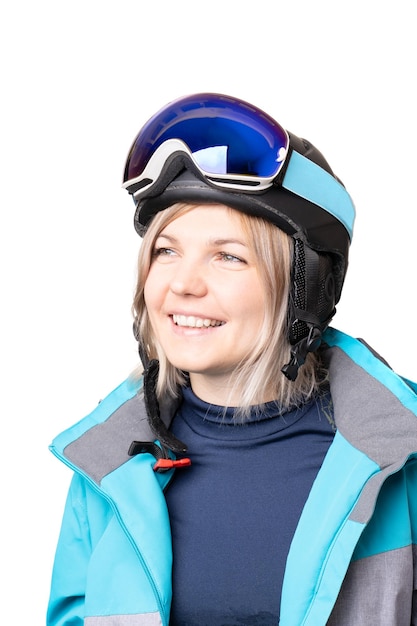 Photo of sporty woman wearing helmet on isolated background