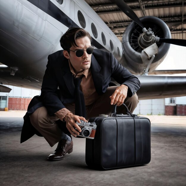 Photo photo of spy handsome man doing secret job with airplane in background generative ai