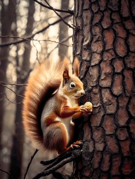 Photo of a squirrel eating nuts on a tree