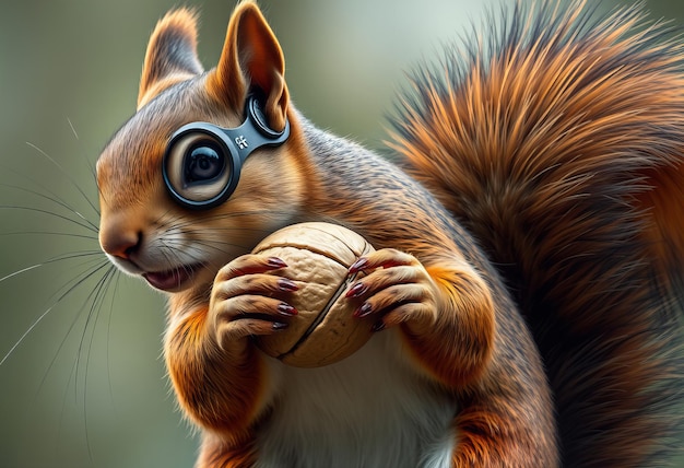 Photo Squirrel holding a walnut in its mouth