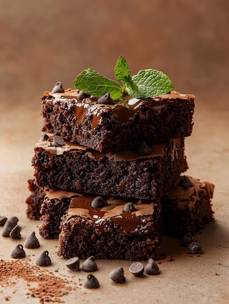 Photo photo of a stack of chocolate brownies with mint garnish