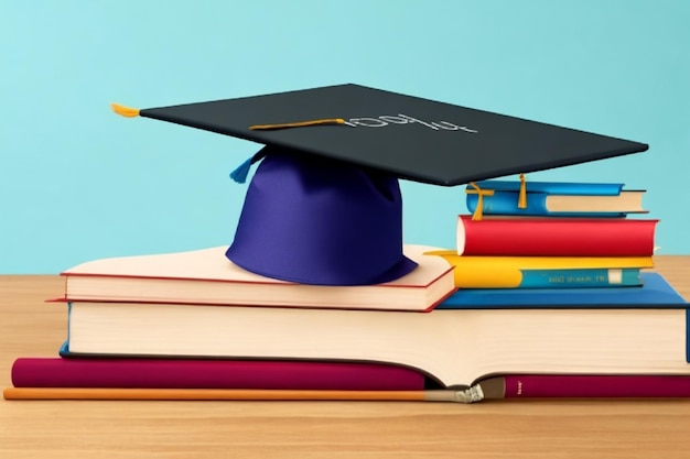 Photo stack of different colored books with a graduation cap