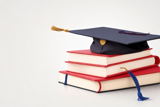 Photo stack of different colored books with a graduation cap