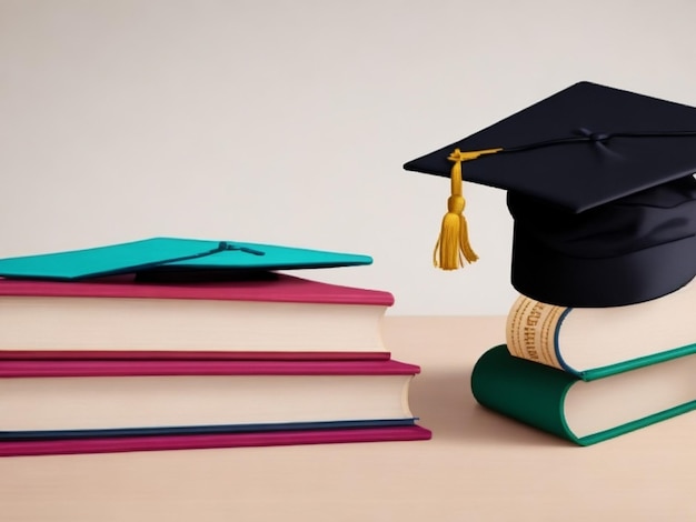 Photo stack of different colored books with a graduation cap