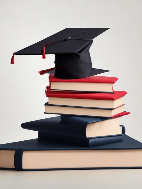 Photo stack of different colored books with a graduation cap