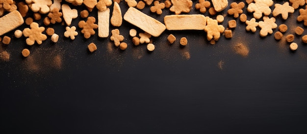 Photo of a stack of dog food on a sleek black background with copy space