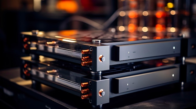 Photo a photo of a stack of home theater amplifiers