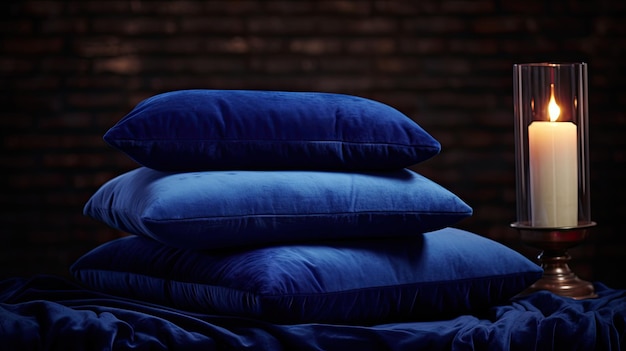 Photo a photo of a stack of sapphire blue velvet pillows moody interior lighting