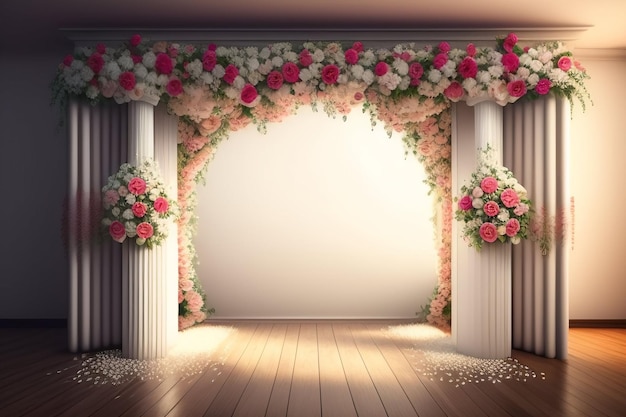 A photo of a stage with columns and flowers