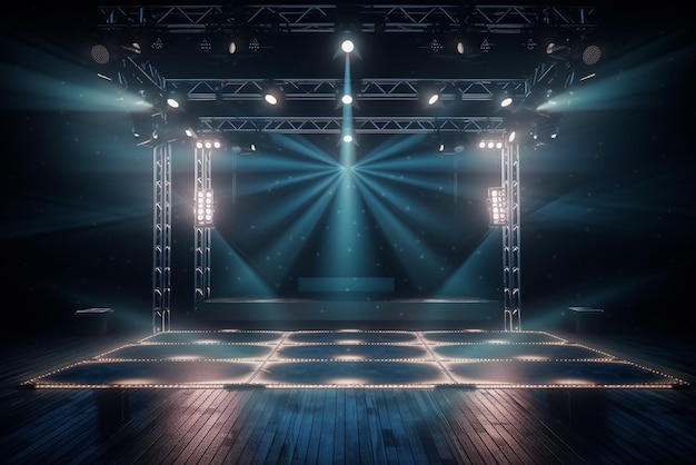 A photo of a stage with lights and a stage in the center