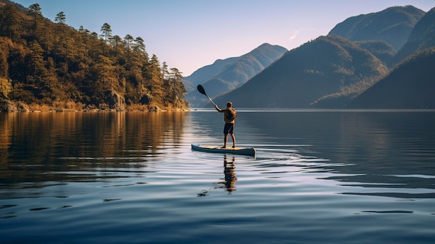 A Photo of a Stand Up Paddleboarder Gliding on a Lake