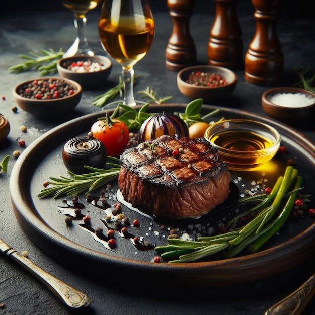 Photo photo steak medium rare featuring traditional presentation elegant garnishes high resolution ad