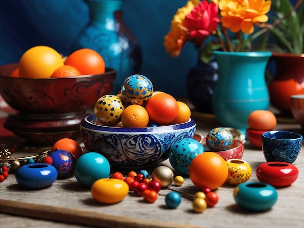 Photo still life with small decorative objects with vivid colors