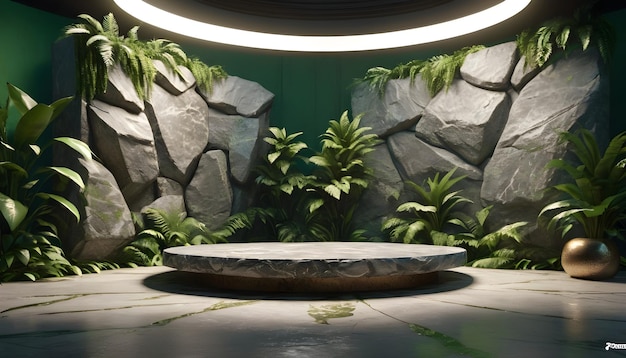 Photo stone platform in tropical forest for product presentation and green wall3d rendering