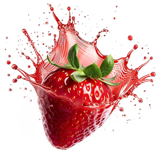 Photo of strawberry fresh fruit juice splashing on white background