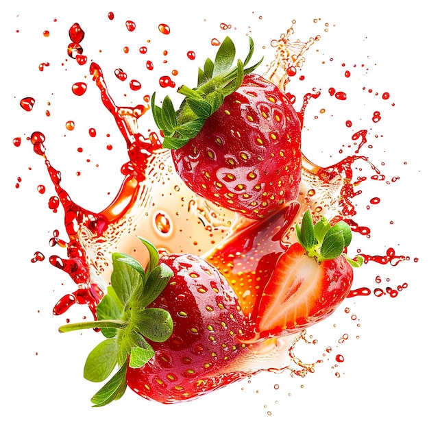 Photo of strawberry fresh fruit juice splashing on white background