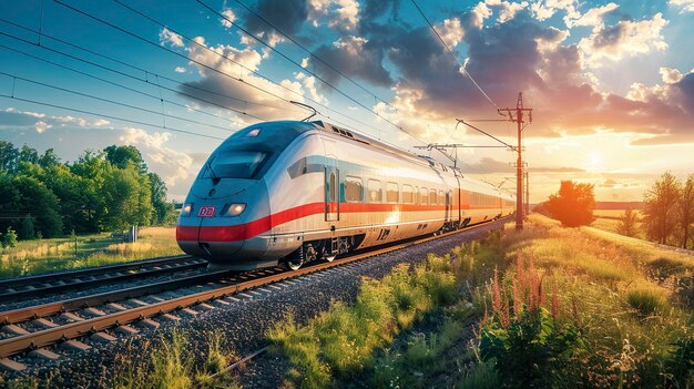 A photo of a streamlined train in the countryside