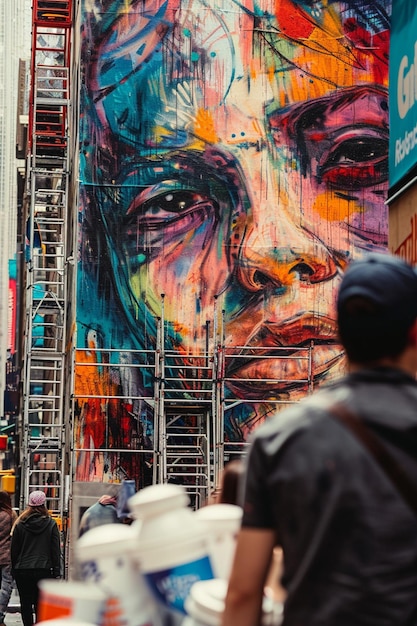 a photo of a street artist creating a mural dedicated to Womens Day