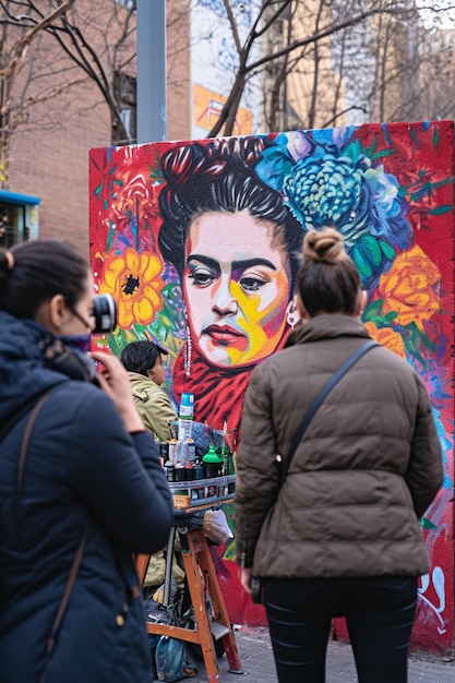 a photo of a street artist creating a mural dedicated to Womens Day