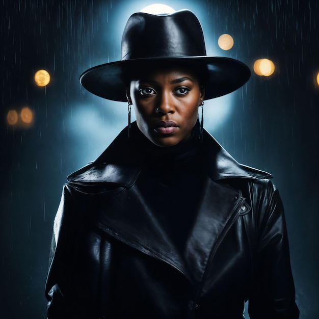 photo of strong african woman with black leather suit in heavy rain night generative AI