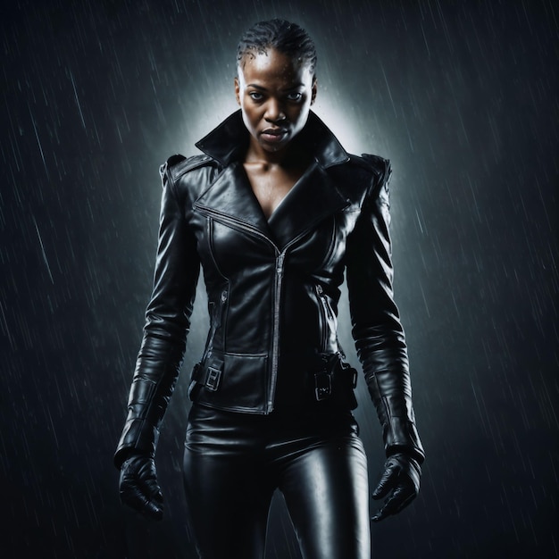 photo of strong african woman with black leather suit in heavy rain night generative AI