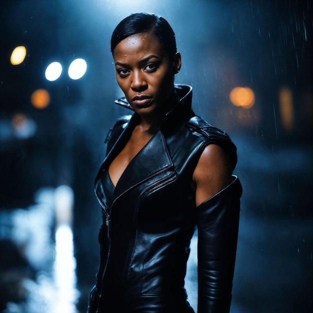 photo of strong african woman with black leather suit in heavy rain night generative AI