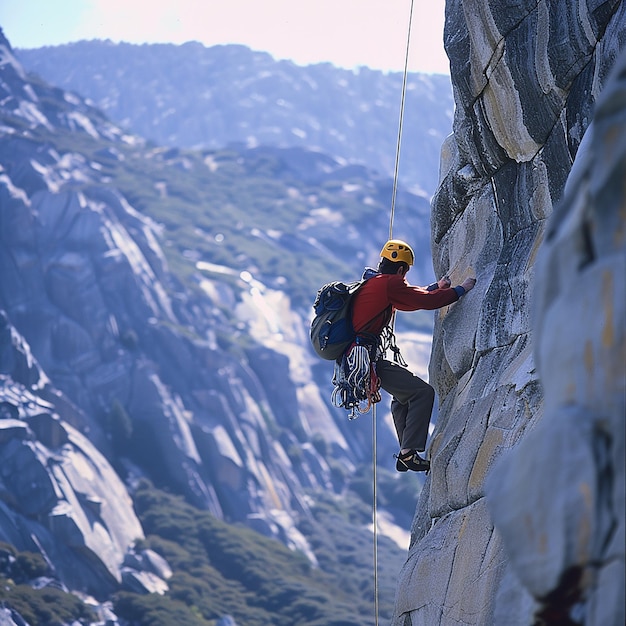 photo of a strong man climbing on a mountain with safety equipment