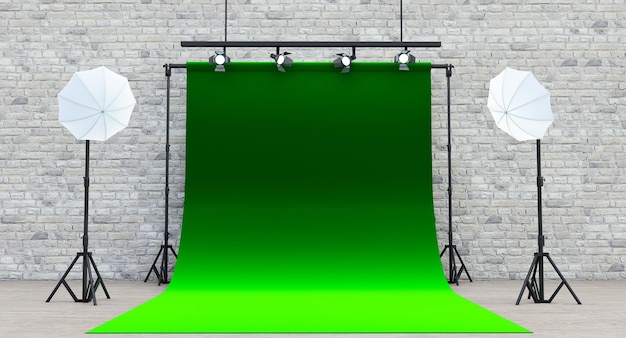 Photo studio green background with soft box light, Photo studio with modern interior and lighting equipment, 3D render