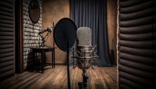 Photo studio microphone and pop shield on mic in a studio generative AI