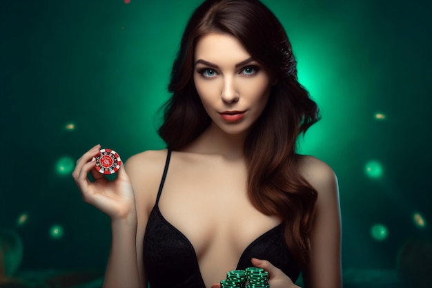 Photo of stunning elegant stylish young woman hold hands ace cards poker player isolated on neon fil