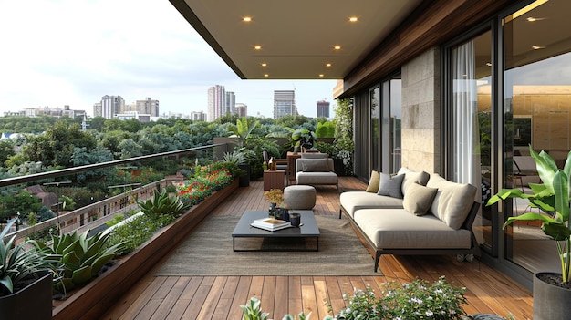 Photo of a Stylish Modern Terrace with Cozy Outdoor Furniture and Greenery